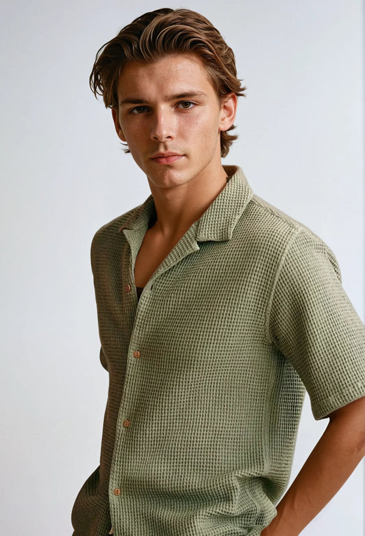 "Olivia Olive Green Waffle Shirt - Stylish Comfort"